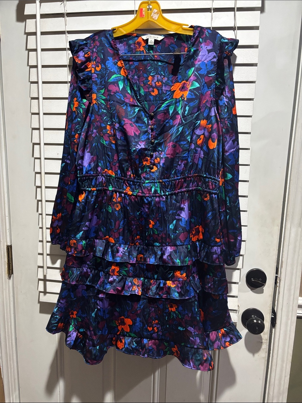 Pioneer Woman Ruffle Tiered Mini Dress - Dark Navy with Purple & Orange Floral
